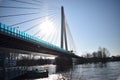 Neuwied, Germany - 02 07 2020: RaiffeisenbrÃÂ¼cke during winter flood with a ship jetty high up under the bridge